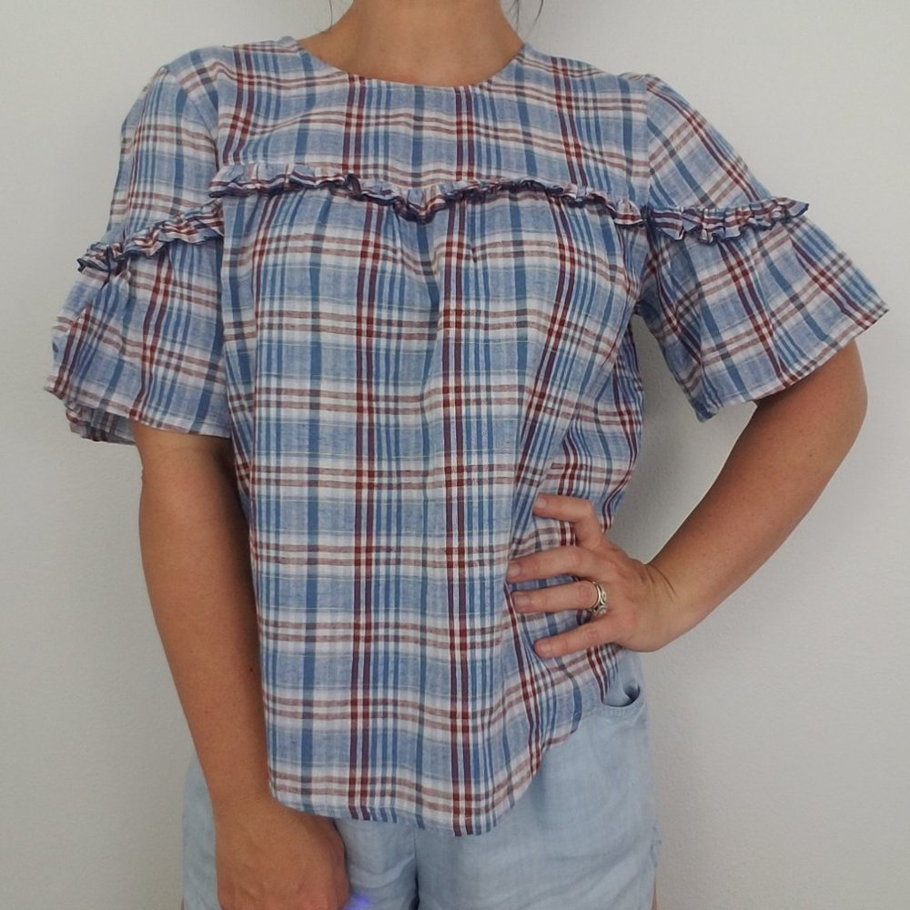 Madewell | NWT Ruffle Yoke Top Plaid Short Sleeve